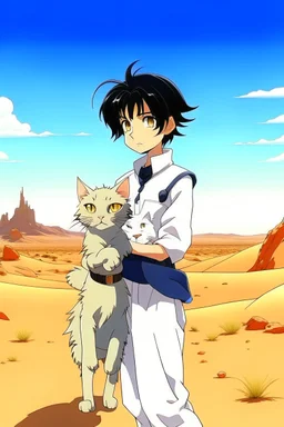 Meryl Stryfe Trigun young girl short black hair anime white clothes standing in the desert with a cat in her arms