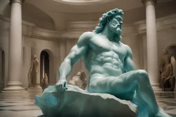 film still, a handsome giant blown glass statue of Poseidon sits on a stone in museum gallery, soft light, Cecil B. DeMille movie