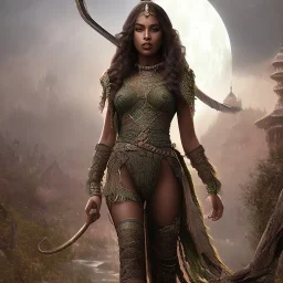 fantasy setting, insanely detailed, dark-skinned woman, indian, warrior, green curl of hair