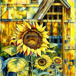 Watercolor patchwork painting of beautiful sunflowers growing against my wooden shed, greens, browns and yellow and orange, no signature no watermark, Patchwork by Meghan Duncanson and Jennifer Lommers and Didier Lourenço Modifiers: beautiful high detail fantastic view colourful watercolor patchwork alcohol ink Speedpaint