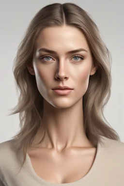 realistic, (29yr old female)without makeup, Caucasian beautiful face, 3/4 head position, dark hair, studio lighting, cinematic light, beautiful woman, milk beige middle hair, perfect anatomy, on white background, 8k Resolution, highly detailed, non-symmetrical body a, detailed hairstyles and skin texture