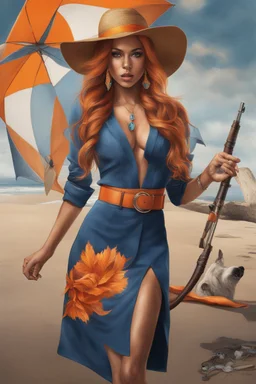 Full body of beautiful girl nami, Hair Color: Orange, Style: Wavy, Outfit Top: Blue, Outfit Bottom: Orange, Shoes: Brown, Accessories: Tangerine, Weapon: Clima-Tact, Hat: Straw, Tattoo: Pinwheel, Earrings: Hoops, sophisticated,, beautiful woman, hyper realistic, hyperrealism, photoreal, realistic, photorealistic, soft pastels, full-body, standing, long shot, wide angle, aesthetic