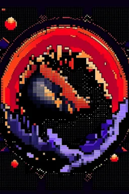 combining darkness and celestial elements. Feature a stylized eclipse at the center, with the moon partially covering the sun, casting claw-like shadows. Use deep purple fading into fiery orange-red. Surround the eclipse with jagged metallic shapes, make it 8bit and retro.