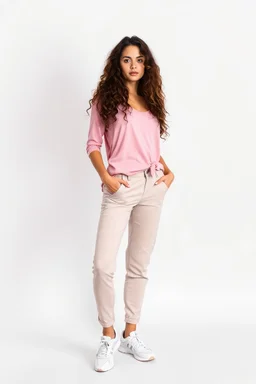 beautiful lady in pants and pretty shirt curvy long hair sport shoes standing relaxed posing to camera simple empty studio background