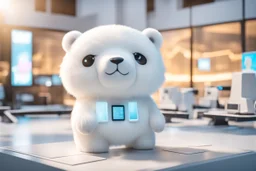 cute fluffy chibi ice bear on an exhibition room with electronic stands in sunshine