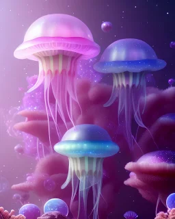 jellyfish glitter alien pink and blue in a galactic ambiance, delicate colors in the foreground, full of details, smooth, light effect，vaporwave colorful, smooth, extremely sharp detail, finely tuned detail, ultra high definition, 8 k, unreal engine 5, ultra sharp focus