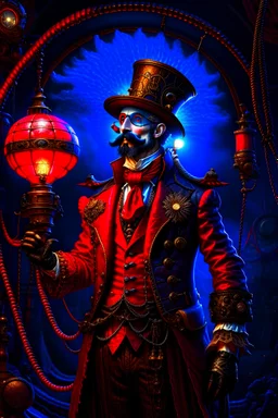 "A male steampunk Harlequin red and black dark blue in the night air_balloon with neon lights style Awwchang and style James Christensen and CGSociety and style Carne Griffiths and Minjae Lee, fun background, style Lou Xaz"