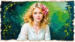 dark green background, abstract art complementary colours fine details , old torn worn paper, peeling, high grain, portrait of blonde woman , flowers in hair, acrylic, alcohol ink, fine drawing, A blonde woman in her 40s, with flowers woven into her loose, curly hair, sits in a whimsical, fairy-tale setting, surrounded by delicate swirling patterns reminiscent of the textures of old torn paper, in a vibrant, abstract style combining acrylic and alcohol ink techniques, with fine detailing that hi