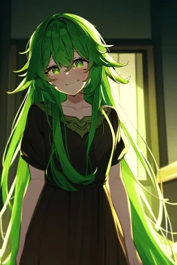 girl, masterpiece, best quality, cinematic lighting, detailed outfit, vibrant colors, perfect eyes, green hair, very long hair, green eyes, messy hair, looking down, nervous smile, indoors, light rays, god rays, looking down,