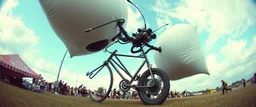 pinhole cam, airbrush 3d rendering, big tics and a cyberpunk robot The ninja priest Mantis ballooner, huge mech 🦗🥊 A bizarre upright flying hydraulic bicycle-creature, front wheel replaced by articulated mantis-like arms carrying enormous inflatable pillows, looking far too serious about complying with official pillow-fighting regulations.