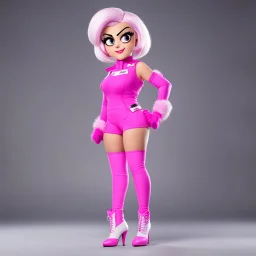 lola loud from the loud house at age 74 as Jill valentine wearing her pink battlesuit Pink gloves and Pink high heel boots