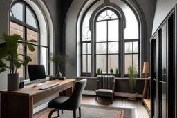 cozy home office with two arched windows in a modern townhouse