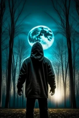Dark forest with bright moonlight, Full moon, a hooded man is standing with hands up