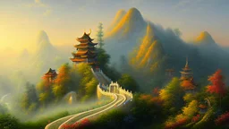 Tranquility landscape of hill on misty chinese paint art