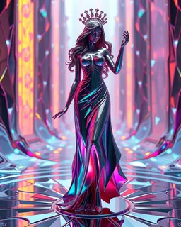very complex structure ,pretty viberating color environment 3d metalic and crystal recursive animating beveled geometric base very complex structure future world evolving background and realistic modern goddess lady in pretty cleric dress comes out dancing gracefully , viberating color moving very in modern city escape environment while camera tracking it.
