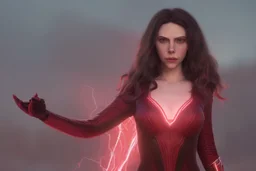 Feiticeira escarlate, wanda maximoff, magia instável, olhos brilhantes, cores vibrantes, cinematográfico, maquiavélica, destruição, vilania, mãos mágicas