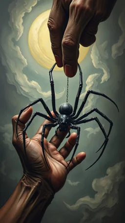 Bosch style painting , A 3D evil hand holding a big spider