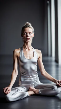 anorexic yoga woman, androgynous, model face, model body, satin silver leggins, satin silver top, frontal pose