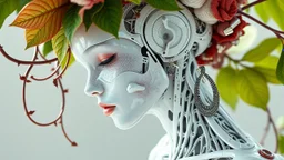 3D render ultra detailed of a beauty white glossy, swoman DRYAD, from knee to head, biomechanical cyborg, analog, 35 mm lens, beautiful natural soft rim light, big leaves and stems, roots, fine foliage lace, colorful details, samourai, earring, heavely tattoed, intricate details, mesh wire, mandelbrot fractal, facial muscles, cable wires, microchip, badass, hyper realistic, ultra detailed, octane render, volumetric lighting, 8k post-production, red and white, detailled metalic bones, semi human