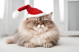 a grumpy fat cat in a christmas hat