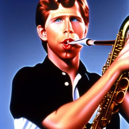 REd-haired ron howard as richie from happy days playing the saxophone, his eyes are closed, rock band, saxophone lips