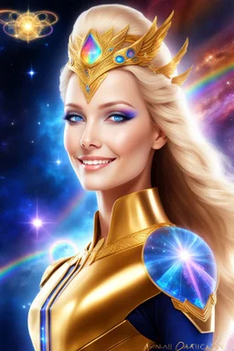 cosmic woman angels smile,admiral high commander from the future, one fine whole face, crystalline skin, expressive blue eyes,rainbow, smiling lips, very nice smile, costume rainbow pleiadian, Beautiful tall woman pleiadian Galactic commander, ship, perfect datailed golden galactic suit, high rank, long blond hair, hand whit five perfect detailed finger, amazing big blue eyes, smilling mouth, high drfinition lips, cosmic happiness, bright colors rainbow, blue, pink, gold, jewels, realist,8k