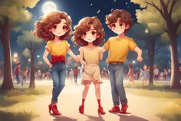 a cute chibi spanish man with short curly brown hair cropped at the back in yellow T-shirt and jeans with a cute chibi contented girl with long brown hair and brown eyes in a red elegant jumpsuit and red high heels, and a chibi girl with blonde brown hair in a beige dress dancing dynamically in Madrid in the Retino park, in the moonlight, ethereal, cinematic postprocessing, airplane in the sky