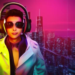 stylized Rabbit, smiling, cyberpunk headphone, sunglass, gangsta gold neckless, full body, magenta puffer jacket, manila city backdrop, dramatic lighting, hyper realistic, unreal engine 5, 16k