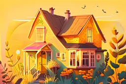 House illustration, realistic, detailed, illustrative, childrenbook style, Yellow house, sunset, cute plants