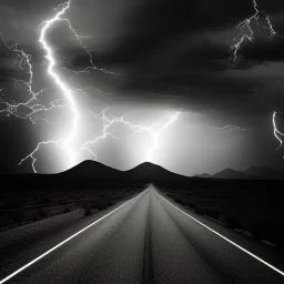 desert, storming, lightning, rainy, mountains, black and white, dirt road, landscape