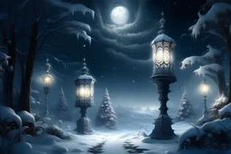 Winter landscape, delicate white velvety clouds, refined and filigree, lanterns, ice sculptures in Gothic style, snow-covered trees, mystical haze, starry black night, hyper realistic, beautiful, lumen, professional photo, beautiful, high resolution, cgi, f/16, 1/300s. highly detailed digital painting