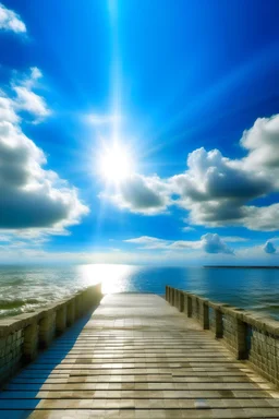 a semi real scene of blue sea with sun rays and a bridge of bricks over it and the sky is during the day with fluffy clouds and there are a lot of tiny sparking stars mixed with clouds
