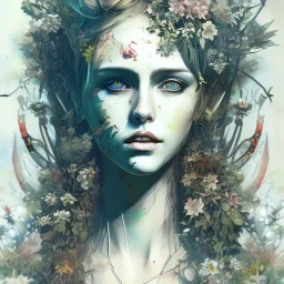 singer Danish MØ face,Style Yoji Shinkawa, watercolor illustration , Dryad, plants, wildflower,