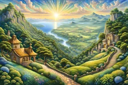 In the style of Josephine Wall, a beautiful complex landscape looking over green hills and forests towards the ocean, extremely well detailed, professional award winning art