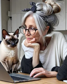 Whimscal a middel-aged women with silver hair in a little messy bun and black and white bandana with knot and glasses, wearing white tshirt and an unbuttoned black sweater, she sits on a chair behind a table where she has her laptop, She leans her chin in her hand and looks into her laptop, her Oriental shorthair Siamese cat put her paws on the tabletop, bg a kitchen, wet oil sketch on canvas.