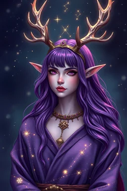 Eldarin astral female Druid with purple hair with antlers and a starry robe light purple skin constellations autumn color clothes