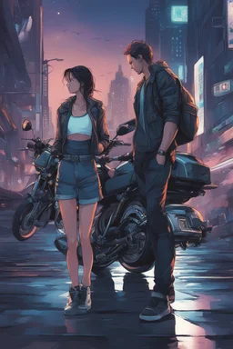 Science fiction, cyberpunk, city street, couple girl and guy, together, love at first sight, summer night, driving motorcycle