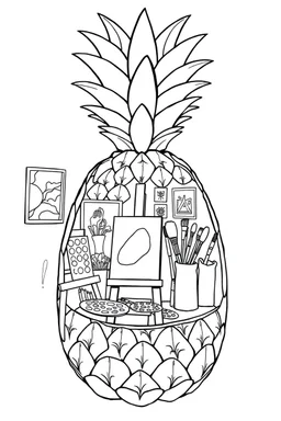 Pineapple Cozy Art Studio Coloring Page: A pineapple cross-section displaying an art studio. Features an easel, paint palettes, brushes, and artworks hung on the walls.