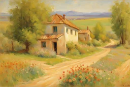 sunny day, mountains, trees, dirt road, flowers, spring, countryside, adobe house, friedrich eckenfelder and hans am ende impressionism paintings