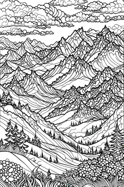 A mountain plateau with sweeping landscapes, untouched nature, and a feeling of freedom, intricate coloring page for adults, contour, vector, clean line art, white background, detailed, black and white, in the style of kalamkari design