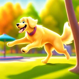 Pixar Disney Style, Create a realistic image of a golden retriever playing in a park, focusing on vibrant colors and a realistic environment.