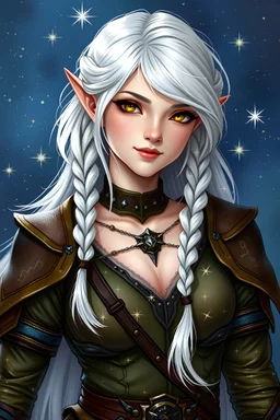 Circle of Stars Druid from dnd. She is a high elf with medium length white hair, some of it pulled back in small braids with glitter, with gold eyes. Background should show the cosmos. Her outfit should have constellations on it and be leather armor but still look nature inspired, but outfit should a little flirty. She should also have a dreamy smile on her face. She appears almost draped in silver starlight.