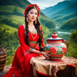 a woman in a red dress holding a vase, creative colorfull - makeup, with professional makeup, hand built ceramics, very very very beautiful face , nice country side with hills ,waterfall over a river with clear water,girls with perfect pretty face in folk costums and a jar, filling their jugs with water and some of them leaving while carring there jugs in there shouldes and 1beautiful girl with jug in shoulder in closeup , very nice mountains at distant, nice clouds in sky ,wide green field wi