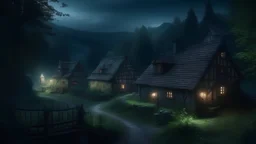 Medieval gloomy village in the forest, night