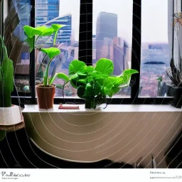  table lush house plants in pot looking out of a window to a crowded city with many textbooks on the table japan sunrise