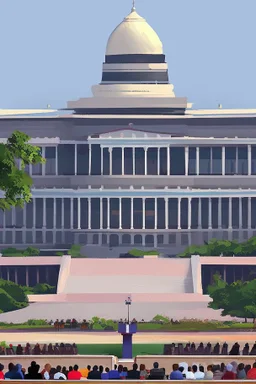 To governors having a speech in front of a huge building painting