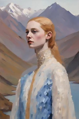 Euan Uglow oil impasto painting LowBrow art Iris Van Harpen spring Tolkien Westeros Close-up photo, Otherworldly, blonde ginger HD face Actress knight fashion, haute couture gold mauve blue ivory pearlescent knitted medium-transparent silk sparlkles stole gown costume, Austrian Symbolism, arcane atmosphere, at dawn behind mountains River Mountain