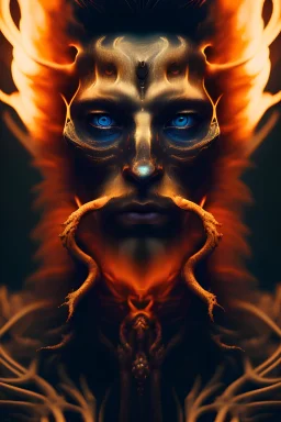 portrait photography of an ethereal beautiful animal god, Fire theme art, Dark moody night atmosphere, Portrait of a man by Michelangelo, 8K, close-up face, anatomically perfect face, oak tree roots, ignore NSFW