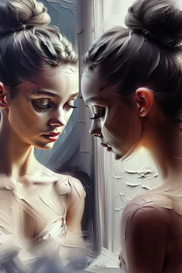 a beautiful ballerina, in a studio, Infront of a mirror, side profile with eyes looking slightly Down, her reflection in the mirror is looking straight at her and not looking down, scary, dark undertone, 12k, detailed painting, thick impasto and textures with rough brush strokes, chaos background with cracked paint, peeling off