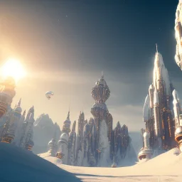 Spaceship landed on snowy mountain, sunny day. clear blue sky. gold. Elegant. Extremely detailed. Award winning photography. Fantasy. 8k. Cinematic lighting. Photorealistic. Dynamic lighting. Imperial colors. Crisp quality. Unreal Engine. Colourful cinematic postprocessing. Pixar. VRay.